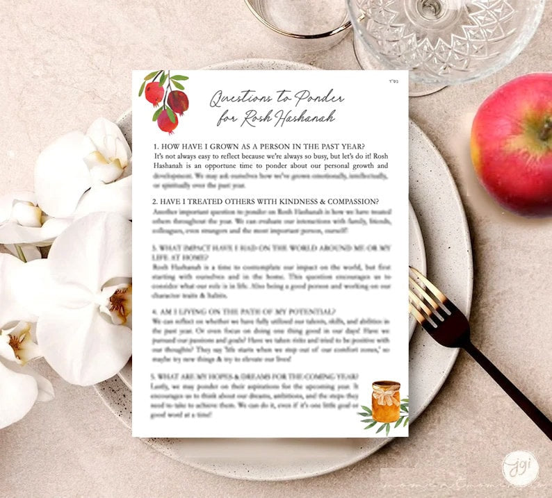 Design Upgrade or Shipping, Questions to Ponder for Jewish New Year Printable Sheet, table decor, Digital Download, Rosh hashana, Shana tova