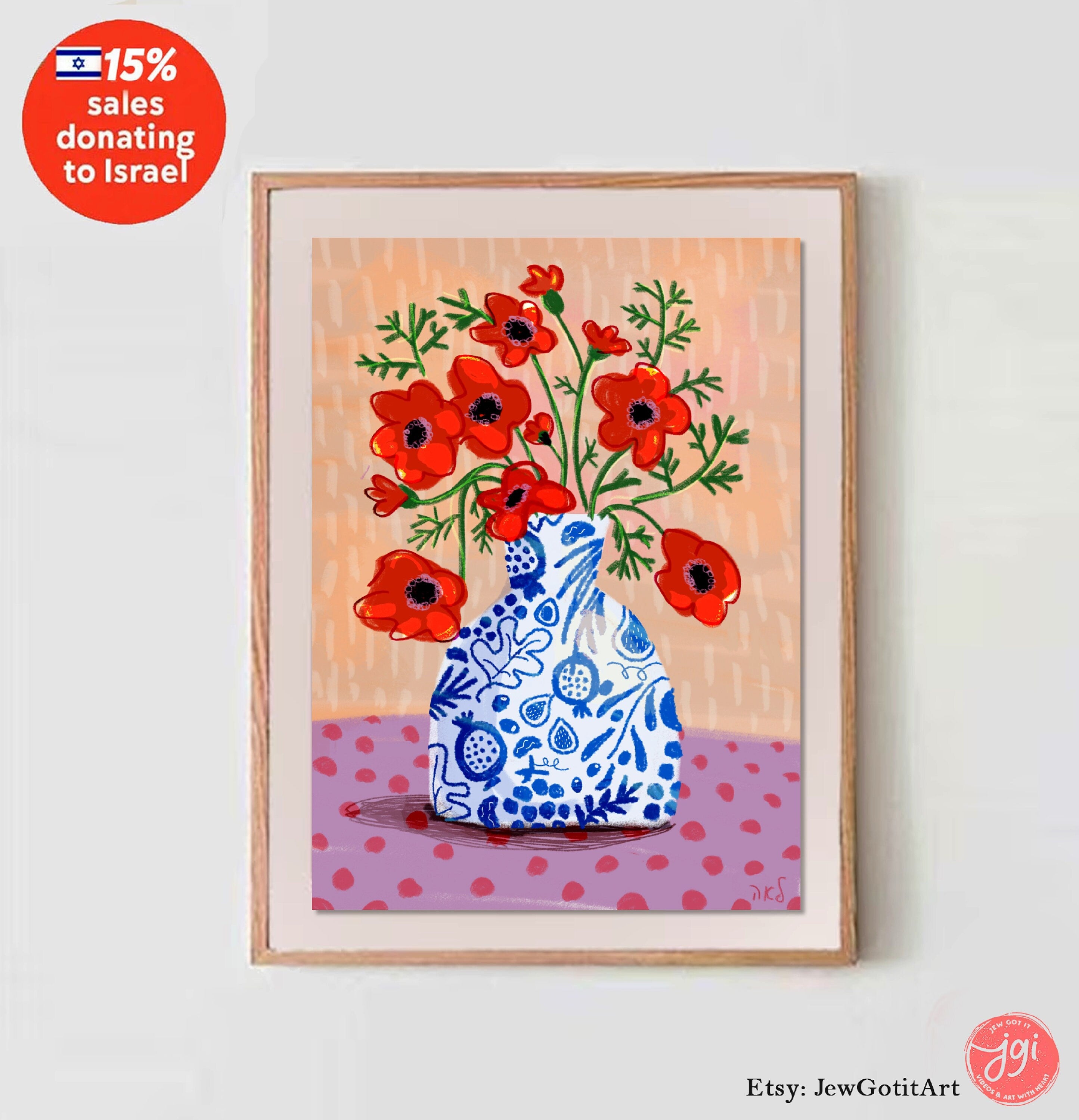 Kalanit Flower Art Print Hand Drawn Israeli Wildflower Wall Decor Jewish Home Gift Poster Am Yisrael Chai Israeli Artist Illustration