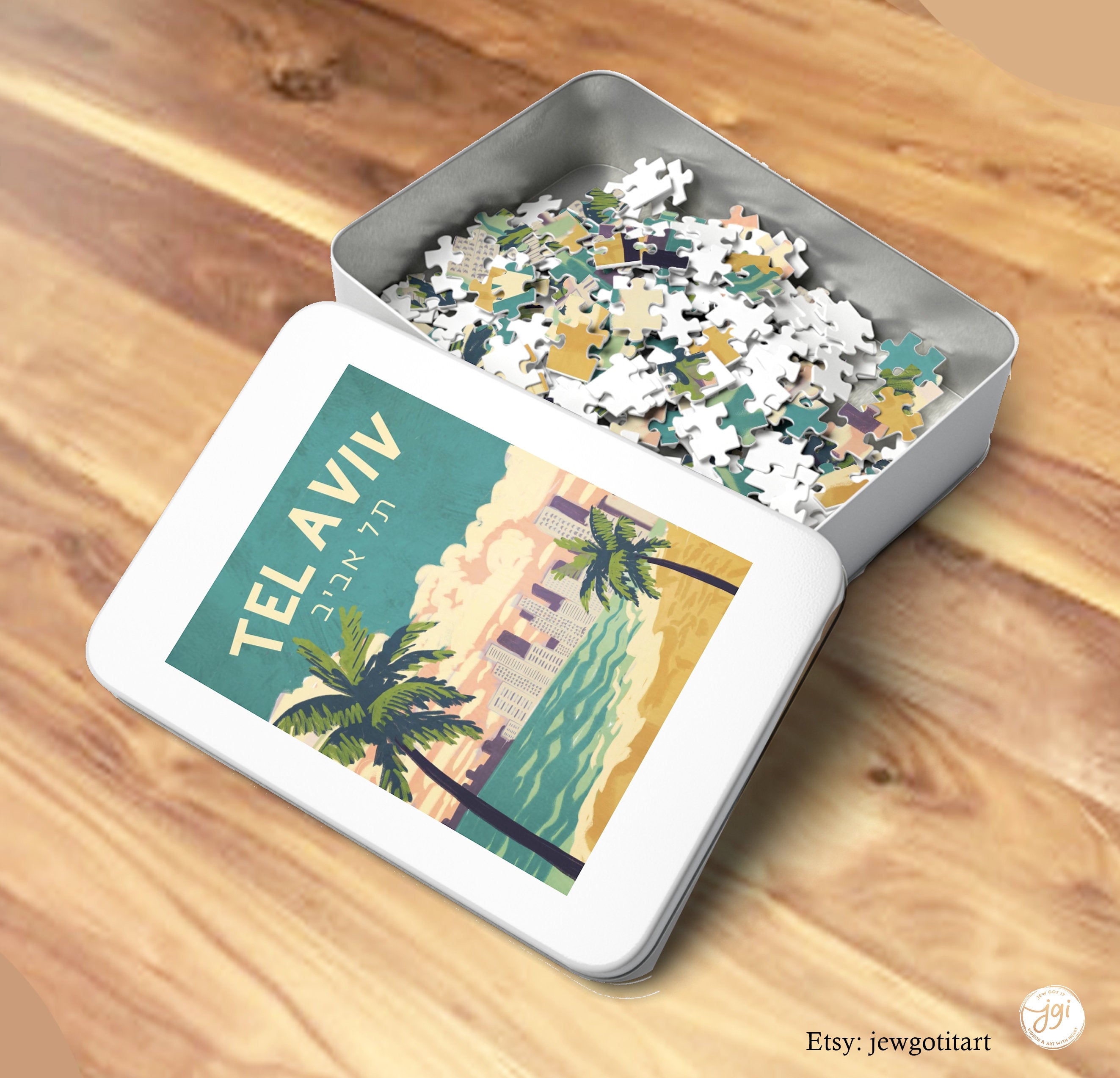 Israel Cities Puzzles Jewish Art Gift Kids Adult Gift Israeli Artist Puzzle Box 120, 252, 500, 1000 Piece Jerusalem Tel Aviv City Passover