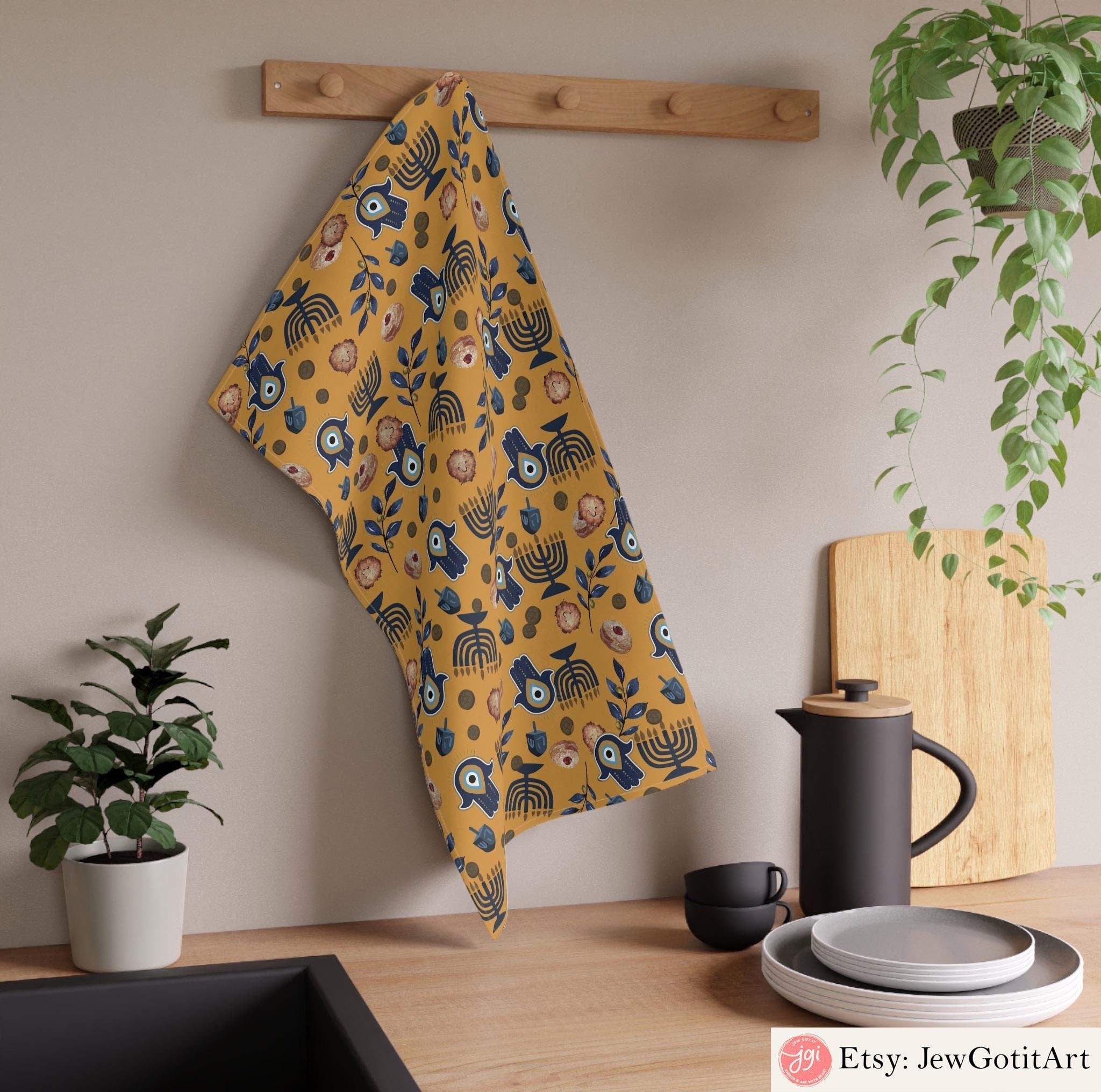 Hanukkah Towel Menorah Dreidel Pattern Olives Jewish gifts Jewish holiday Israel Am Yisrael Chai jewish art cotton kitchen table decor gifts