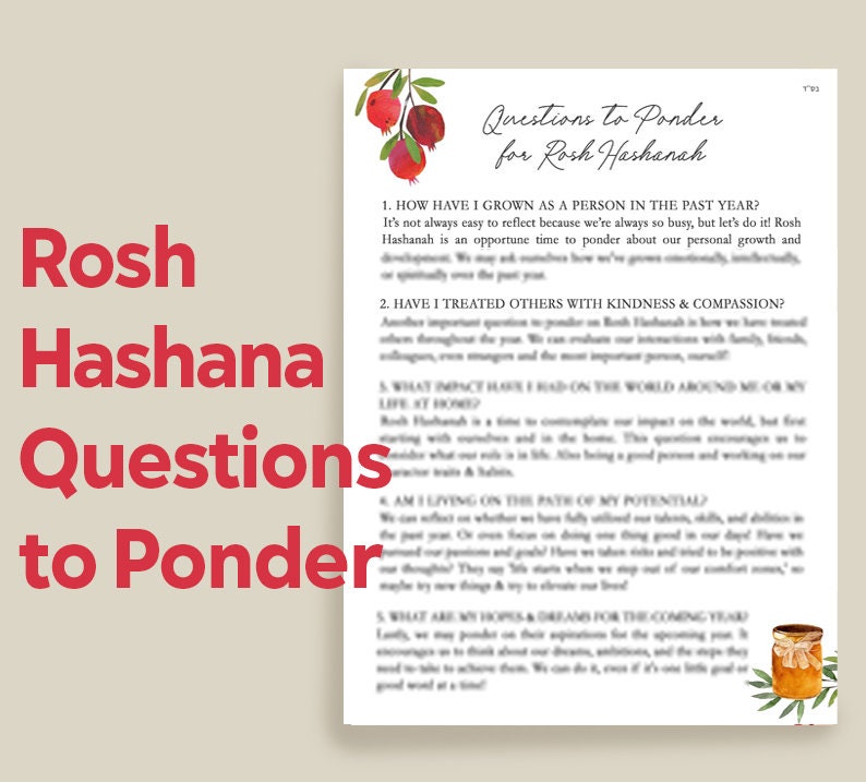 Design Upgrade or Shipping, Questions to Ponder for Jewish New Year Printable Sheet, table decor, Digital Download, Rosh hashana, Shana tova