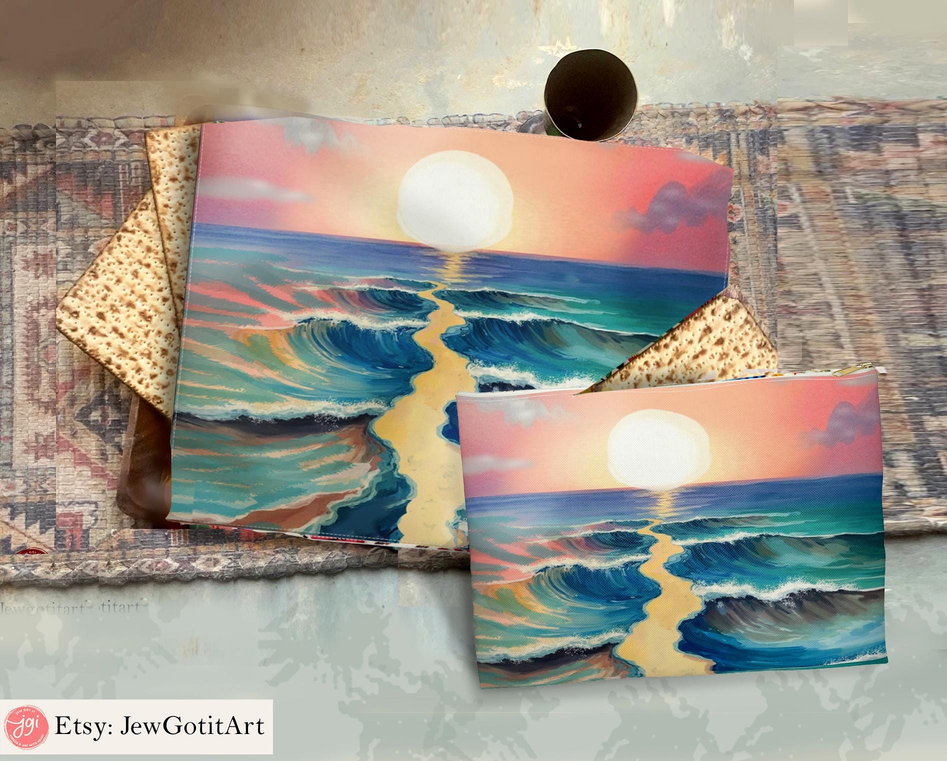 Passover Matzah Cover Splitting of the Sea Set & Afikomen Set Israel Table Runner Jewish Art Gift Pesach Table Decor Seder Table Red Sea Art