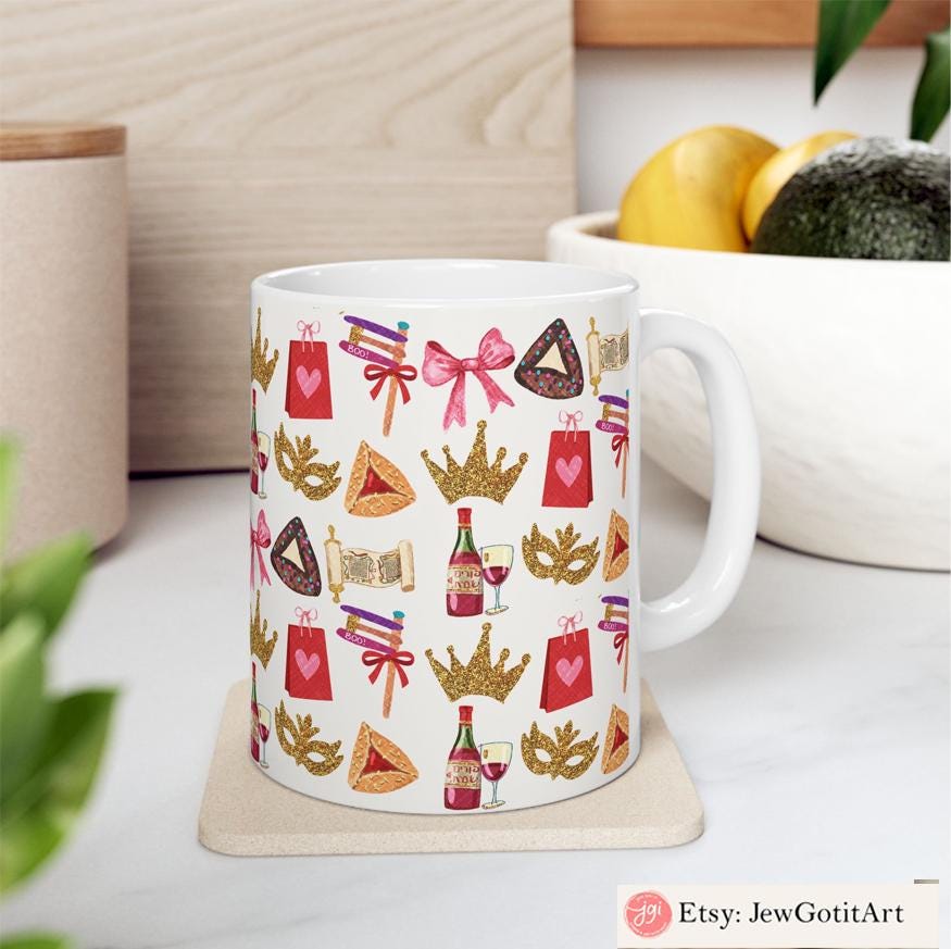 Purim Tote Bag & Mishloach Manot Mug 11oz 15oz Hamantaschen Art Jewish Gift by Israeli Artist - Ceramic Coffee Mugs Am Yisrael Chai Wine Art