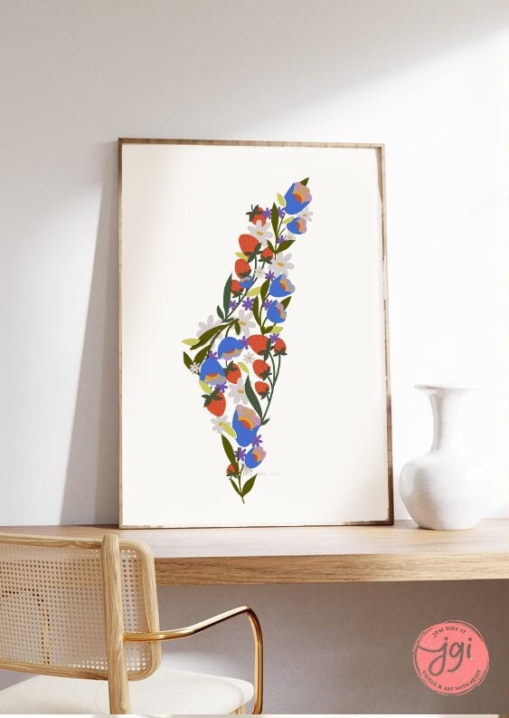 Israel Blooming Flowers Wall Art Poster Print State Israel Jewish Israel art Jewish gift Hand drawn art flower shirt Israel poster, prints