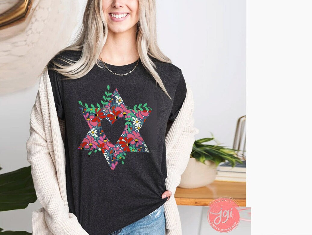 Flower Star David Shirt Unisex Jersey Short Sleeve Graphic Tee, vintage, israel, art, jewgotitart, jewish gift Israelite, Israeli Pride Jew
