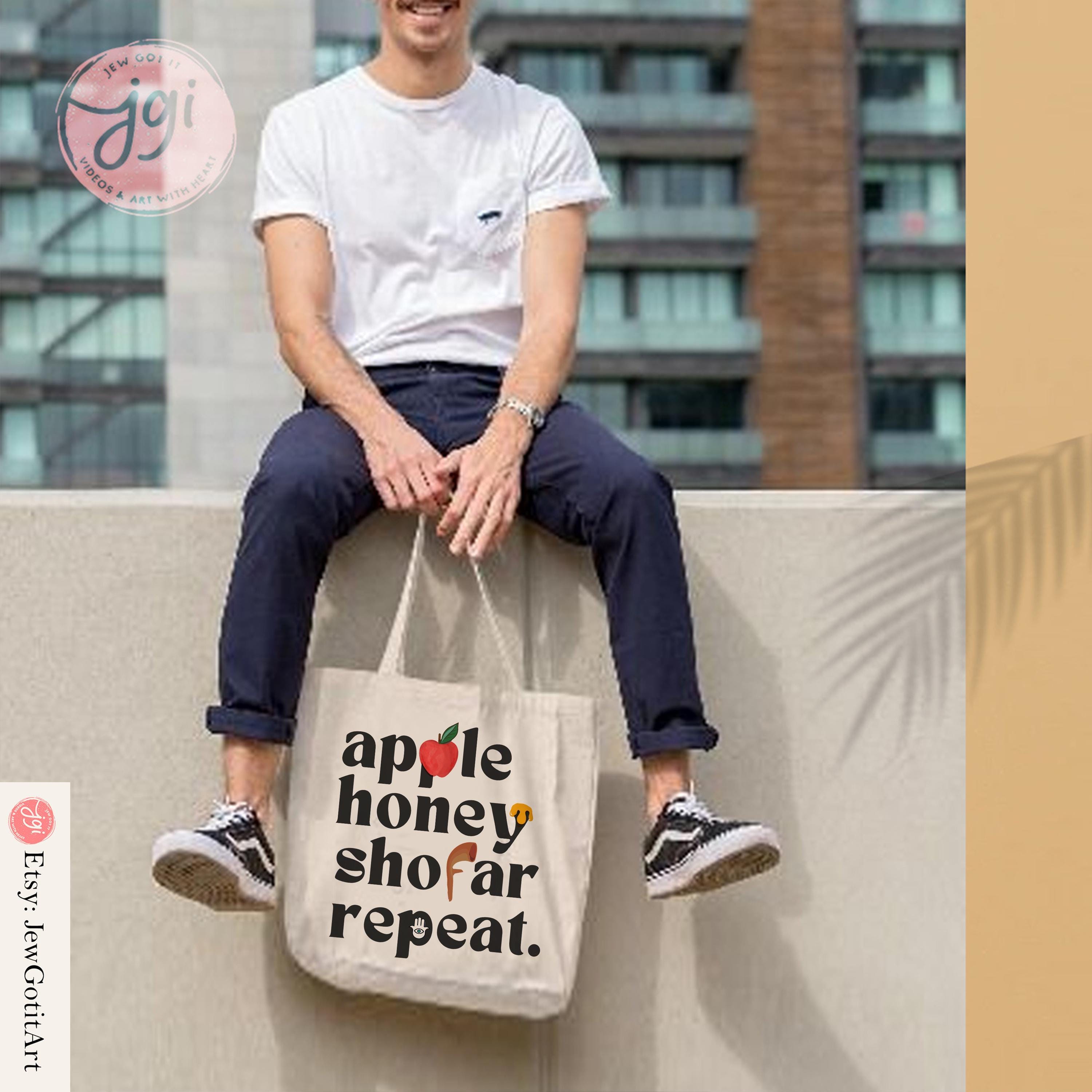 Apple Honey Shofar Repeat Tote Bag Jewish Art Am Yisrael Chai jewish gift Israeli Artist Rosh Hashanah Jewish Holiday Gifts Art cotton bag