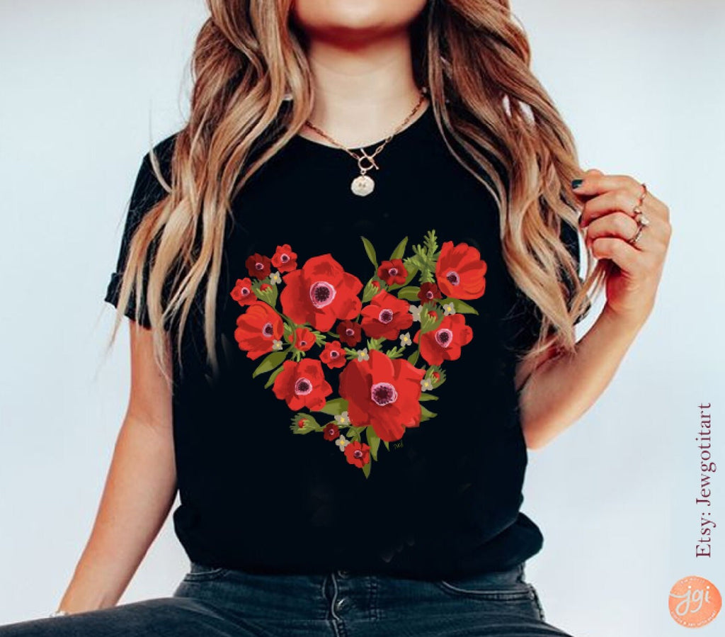 Kalanit Heart Israel National Flower Shirt Flowers TShirt Unisex Heavy Cotton Tee Hand drawn art Women shirt gift gifts Israeli Artist Red
