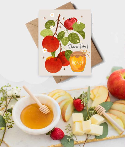 Shana Tova Greeting Cards Rosh Hashanah Apple Honey Art Israeli Artist Am Yisrael Chai Rosh Hashana Apple Art Jewish New Year gift Gifts