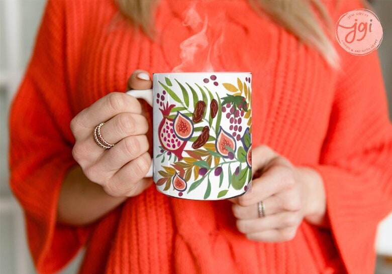 7 Fruits of Israel Ceramic Mug 11oz 15oz Coffee Tea Perfect Jewish Gift Coffee cup Fruit Art Am Yisrael Chai Israeli Artist Hanukkah Gift