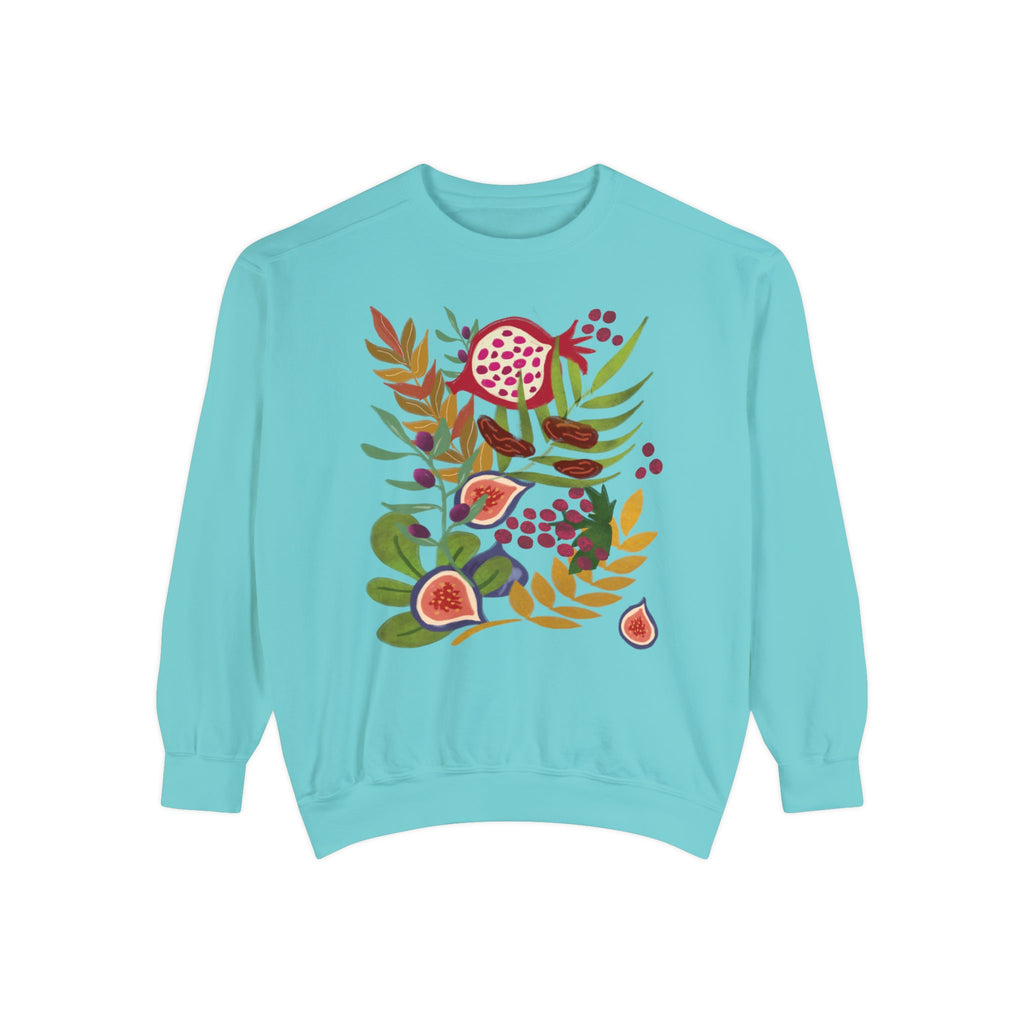Fruits of Israel Sweatshirt 7 species fruit sweater woman jewish gift Israel Design Hanukkah Sweater Gift for her Garment-Dyed Sweatshirt