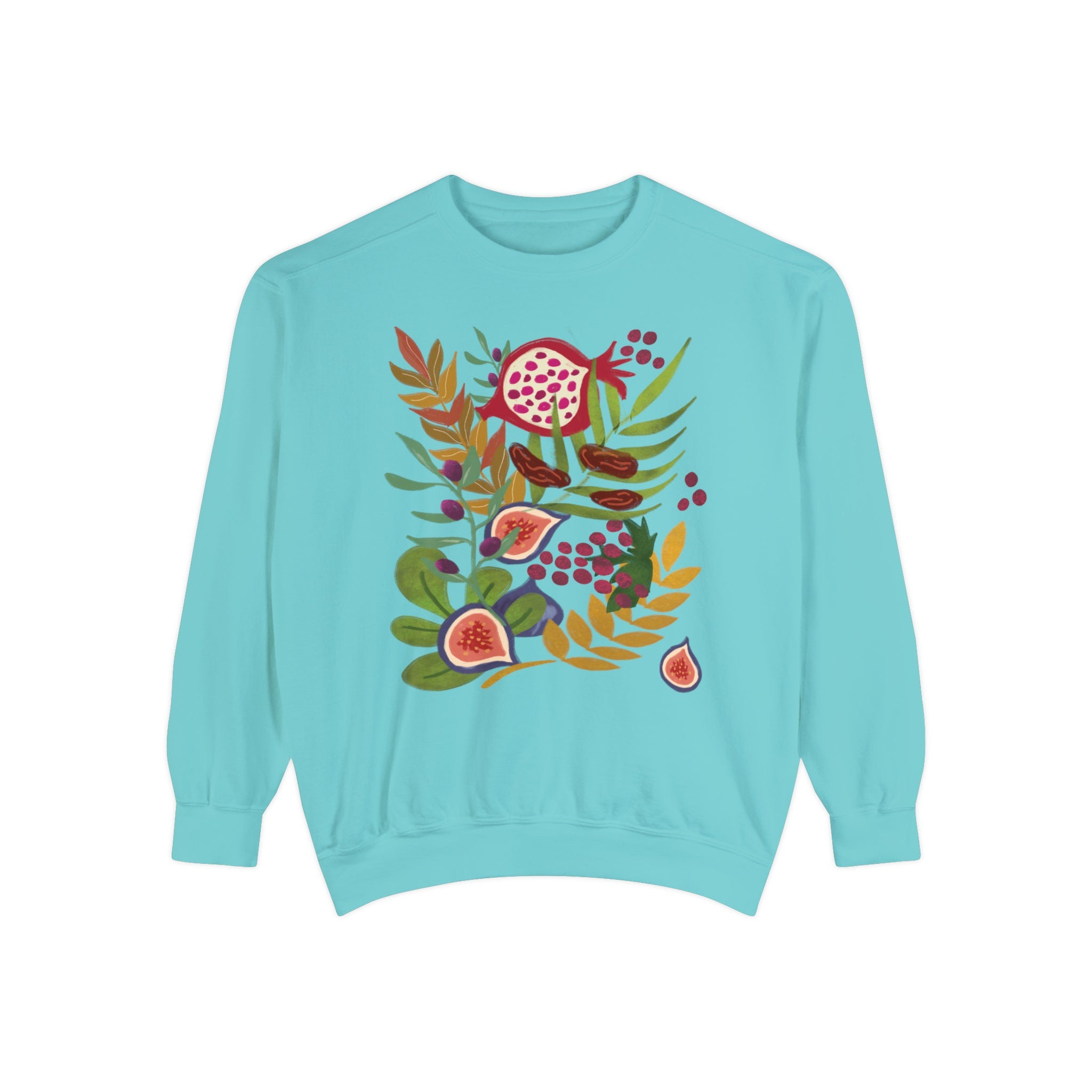 Fruits of Israel Sweatshirt 7 species fruit sweater woman jewish gift Israel Design Hanukkah Sweater Gift for her Garment-Dyed Sweatshirt