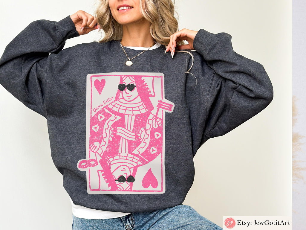 Queen Esther T-Shirt Purim Sweatshirt Unique Purim Costume by Israeli Artist Jewish Holiday Gift Am Yisrael Chai Queen of Hearts Card Shirt