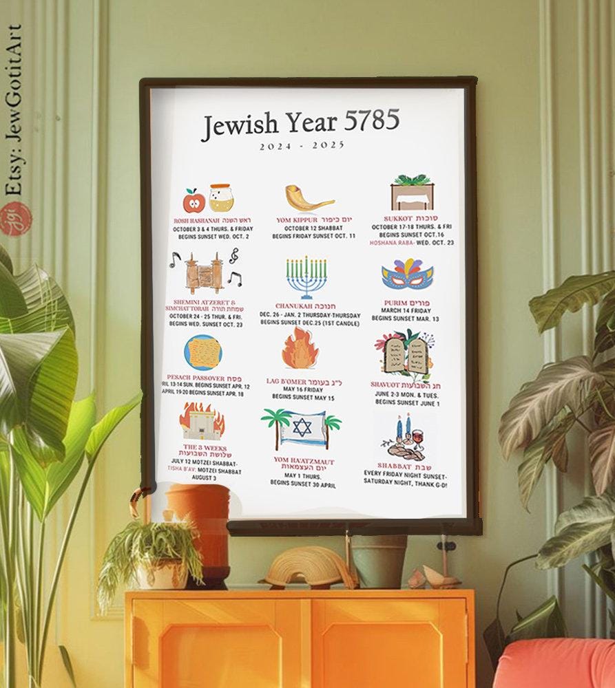 Framed Jewish Calendar Year 5786 Poster Art illustrations 2025 2026 Wall Art Poster matte Calendar Planner Holidays Gifts Rosh Hashanah gift