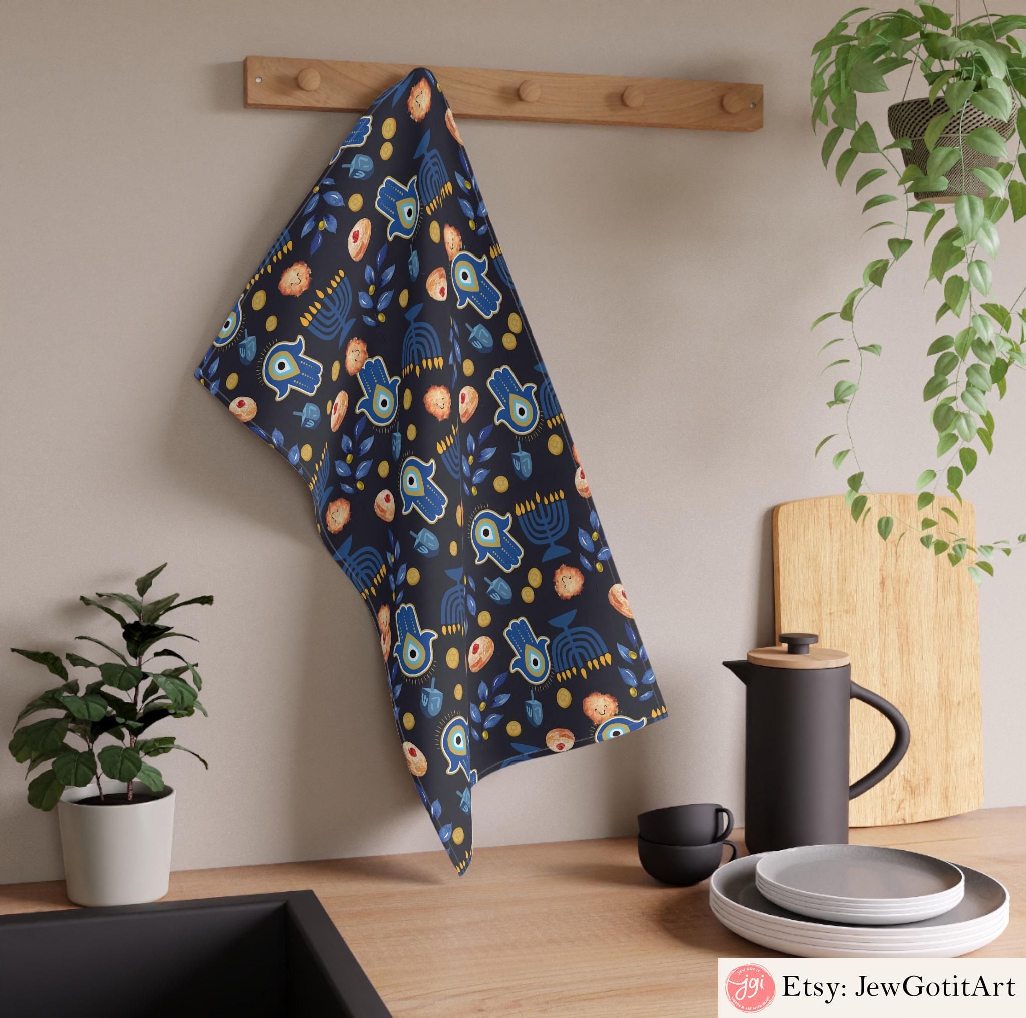 Hanukkah Towel Menorah Dreidel Pattern Olives Jewish gifts Jewish holiday Israel Am Yisrael Chai jewish art cotton kitchen table decor gifts