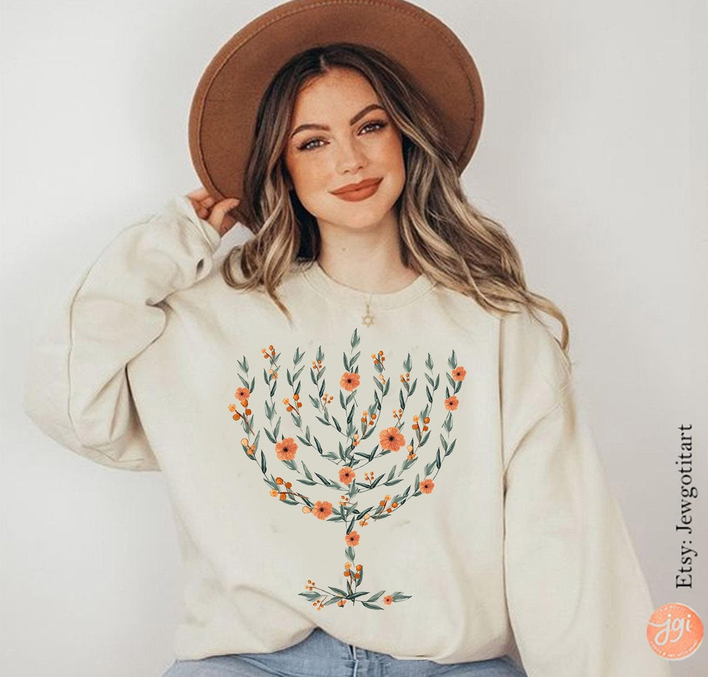 Menorah Hanukkah Sweater T-Shirt Unisex Floral Art Sweatshirt Jewish Gift from Israeli Artist Israel Jewish Shirt Chanukah Israeli Artist