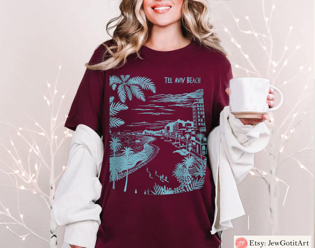 Tel Aviv Beach Shirt Israel T-Shirt Am Yisrael Chai Tee Jewish Gift Boho Hebrew Shirt Zion Tee Holy Land Palm Tree Beach Shirt Jewish Shirt