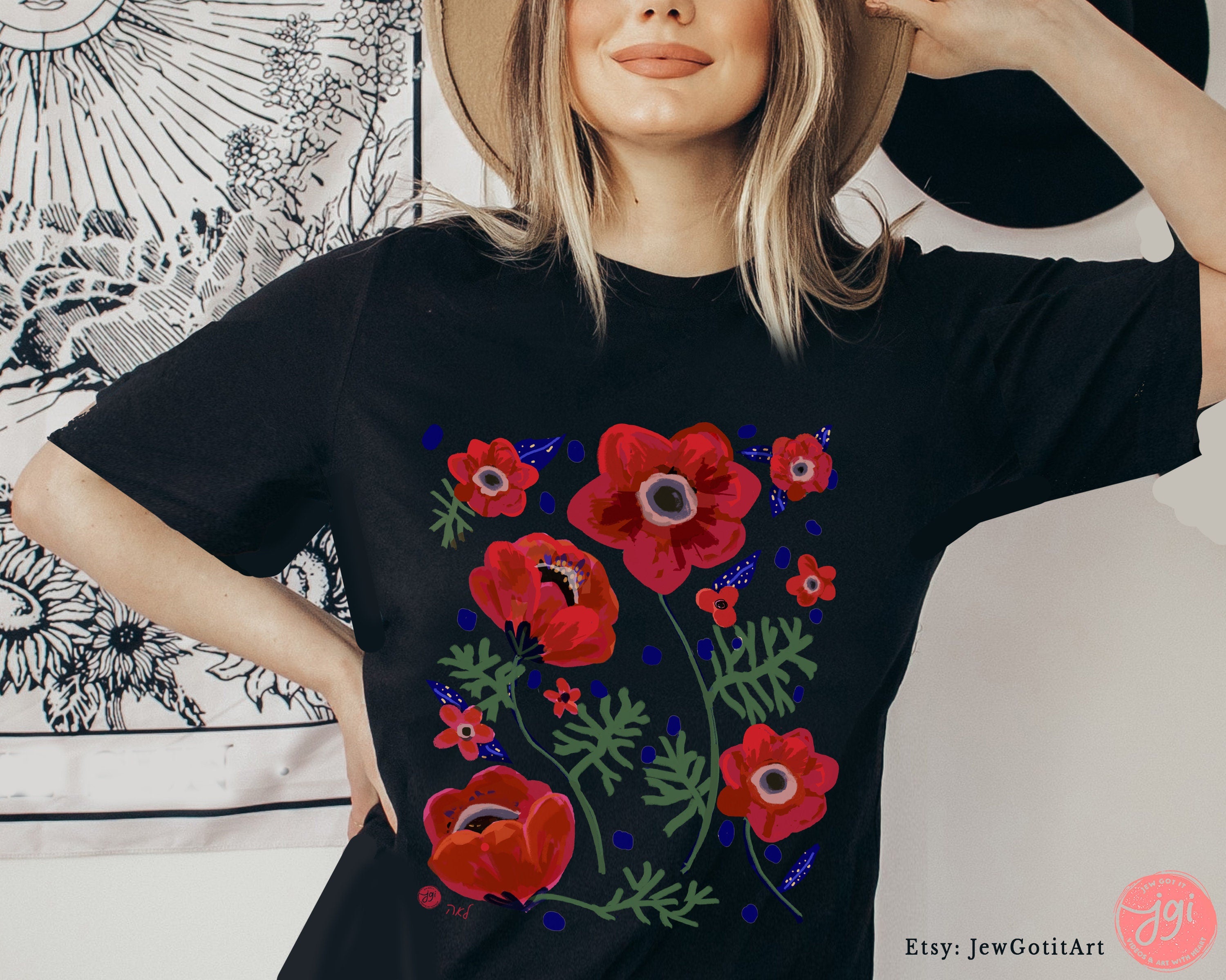 Kalanit Israel's National Flower Shirt Flowers TShirt Unisex Heavy Cotton Tee Red poppy art Women shirt gift gifts Israeli Artist Sweatshirt