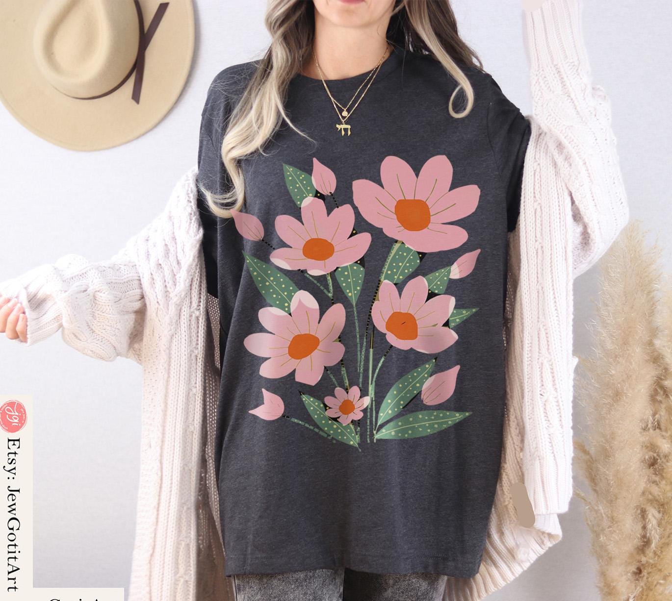Flower Market  Shirt Israel Graphic Tee Jewish Pride Jewish Gift Am Yisrael Chai T-Shirt Flower Art Pink flowers Women Shirt Boho Shirt