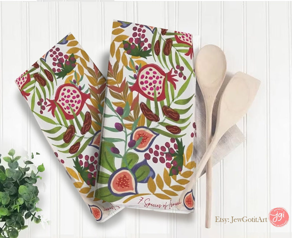 7 Species of Israel Kitchen Towels: Hand-Drawn Art, Jewish Home Decor (Set of 2) Israeli Artist