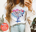 Hanukkah Flower Menorah Shirt Unisex Cotton Hanukkah Sweatshirt hanukkah gifts, Jewish gift, Israel art chanukah woman shirt flower tshirt