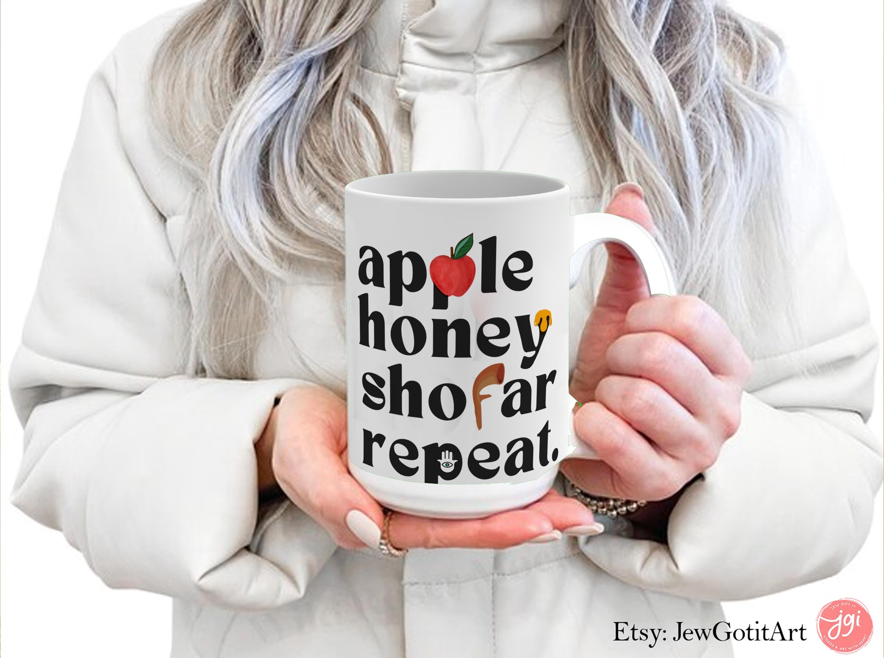 Apple Honey Shofar Repeat Mug 11oz 15oz Am Yisrael Chai, jewish art coffee cup Ceramic Mug Israel jewish gift Rosh Hashanah Gift Israeli