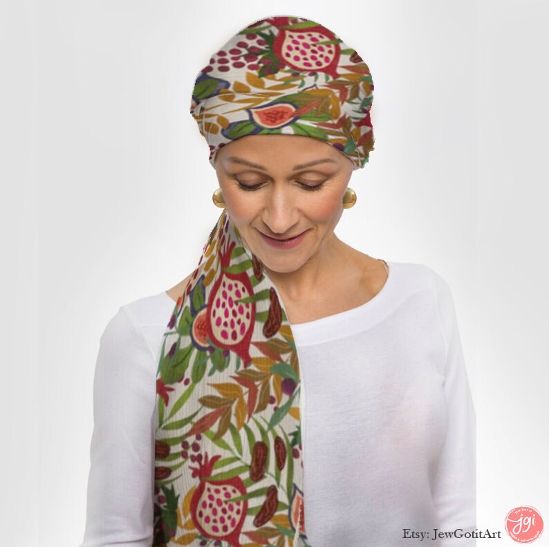 7 Species Israel Scarf Head Headwrap Light Scarf Women fabric Hair Cover Covering Jewish Israeli Artist Fruits Art Am Yisrael Chai Passover