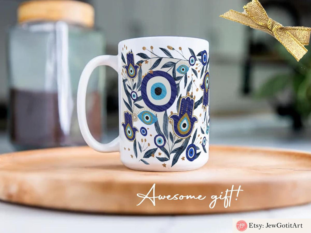 Evil Eye Hamsa Mug 11oz 15oz Am Yisrael Chai, jewish art coffee cup Ceramic Mug Israel jewish gift Rosh Hashanah Gift Israeli Eyes Art