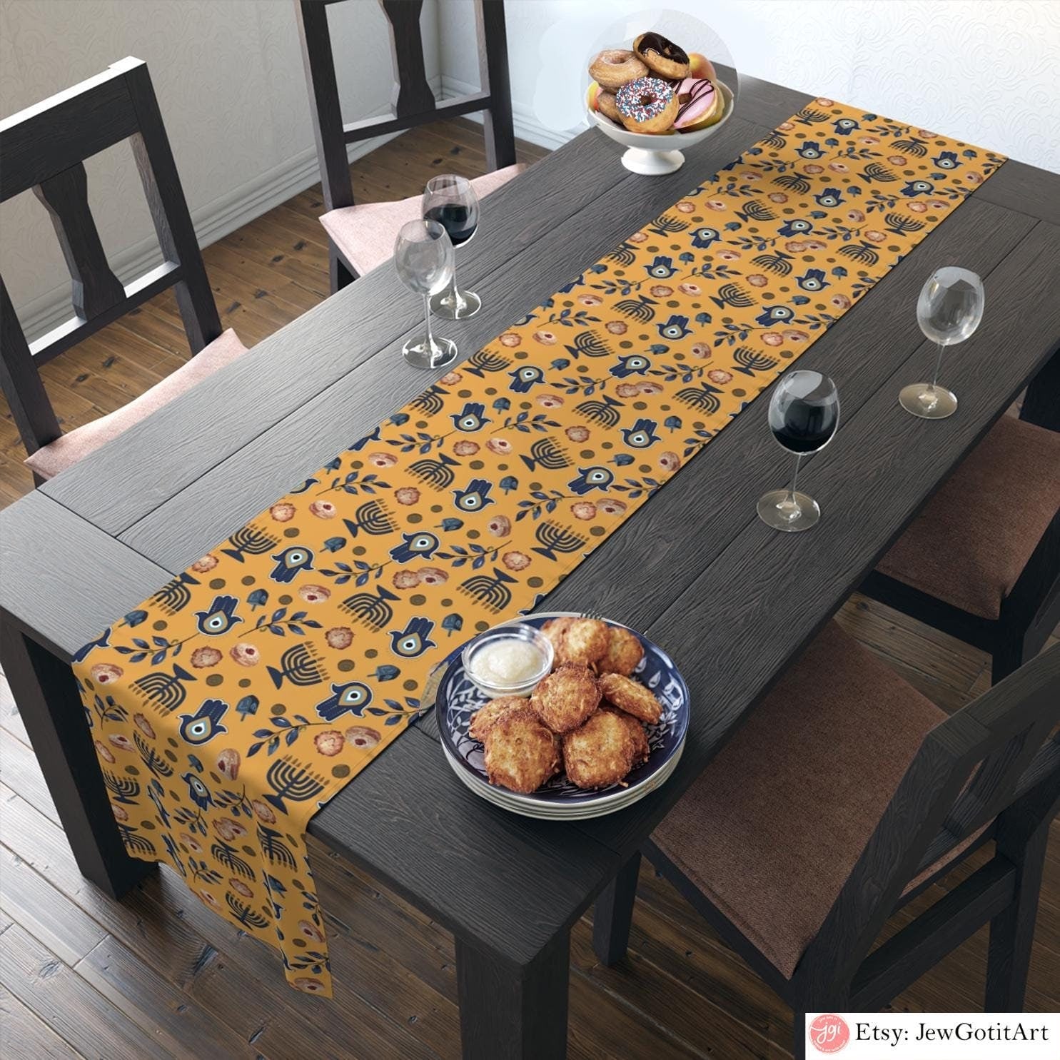 Hanukkah Table Runner, Menorah Dreidel Pattern Olive oil Jewish gifts Jewish holiday Israel Am Yisrael Chai jewish art table decor gifts