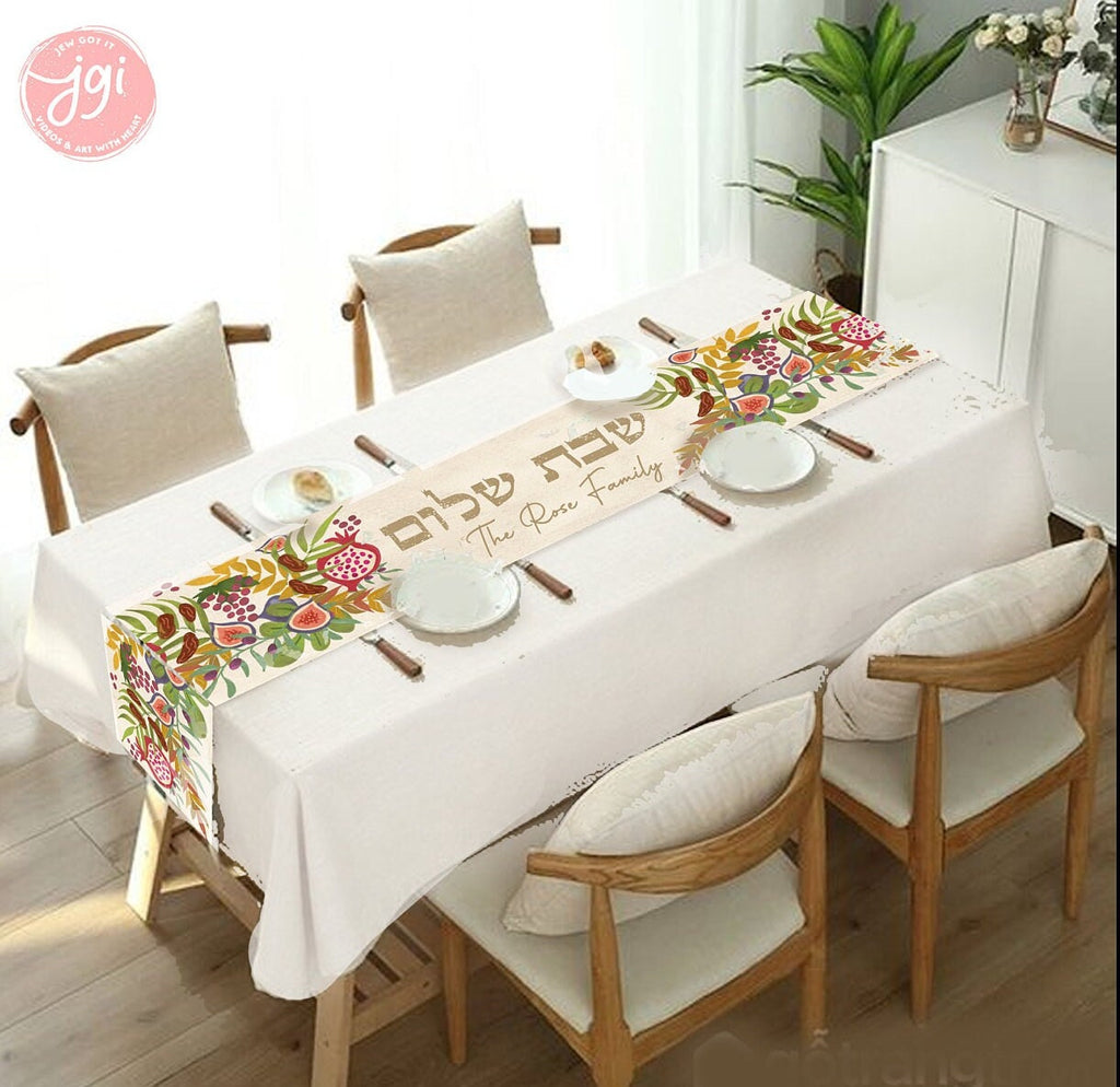 Personalized Shabbat Shalom Table Runner, Jewish gift shabbos, Israel 7 species of Israel fruits flowers, jewish gift israel art, customized