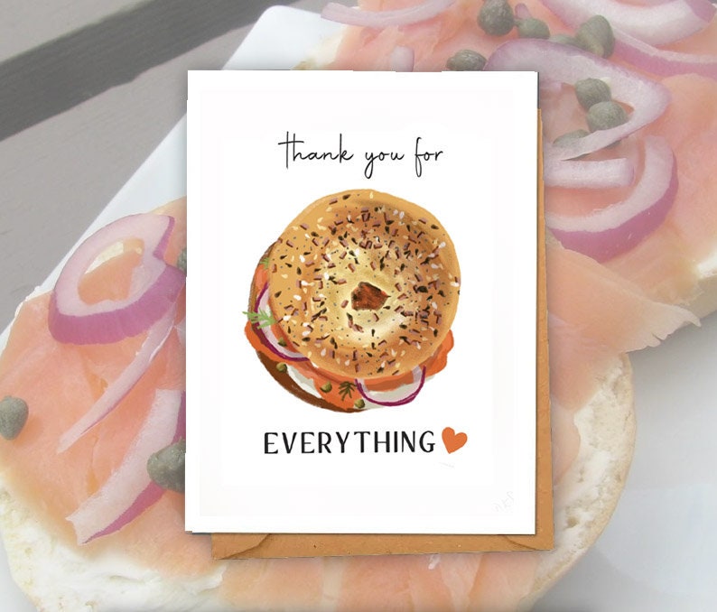 Everything bagel Thank you Card Funny Greeting food bagel lox Blank Card Set Funny colorful fun bagel love card Jewish Israel Card Thanks