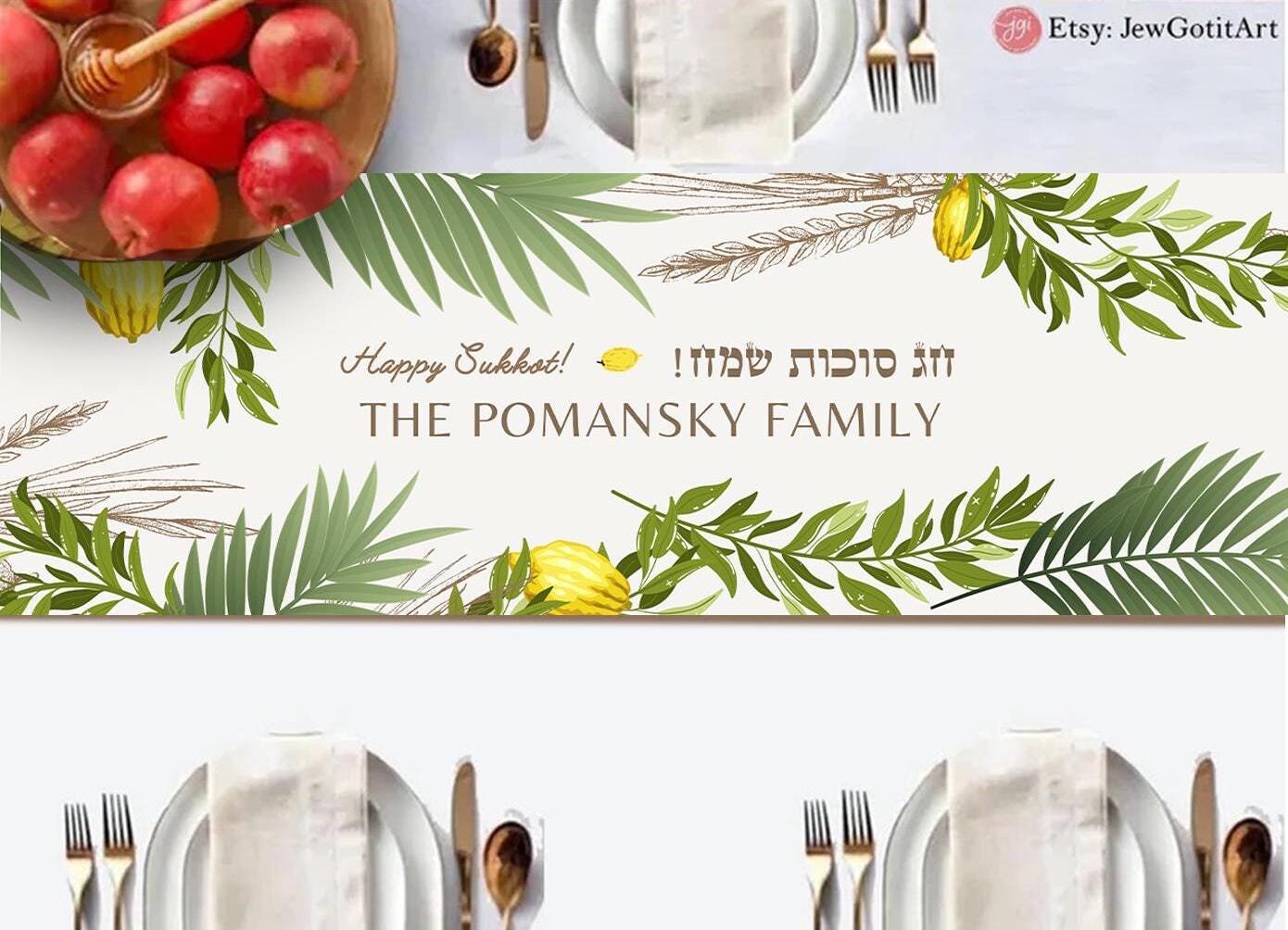 Sukkot Table Runner Etrog Lulav Rosh Hashanah Jewish gift Jewish holiday Israel 7 species jewish art, table decor, custom personalized gift