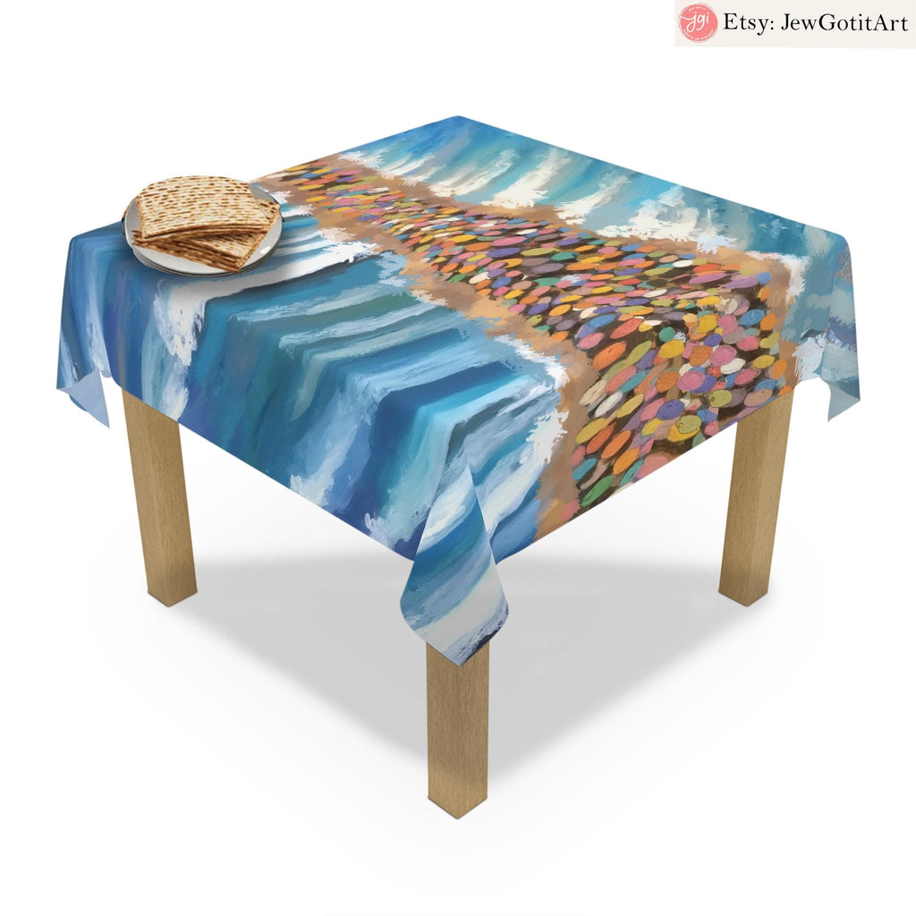 Passover Splitting of the Sea Tablecloth Indoor/Outdoor Cotton Israeli Artist Home Decor Shabbat Table Setting Unique Passover Decoration