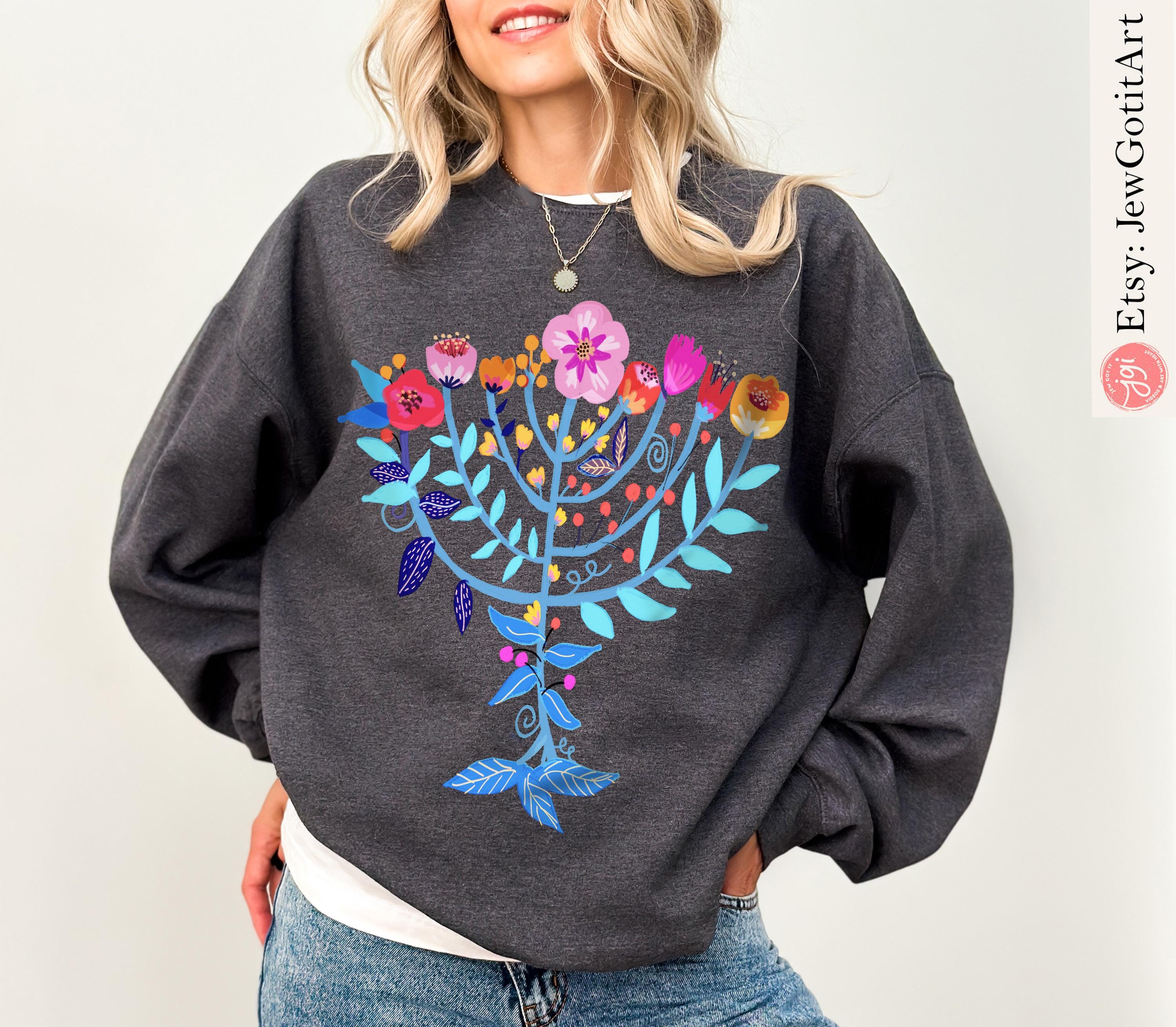 Hanukkah Sweatshirt Menorah Sweater T-Shirt Unisex Floral Art | Jewish Gift from Israeli Artist Israel Jewish Shirt Chanukah Israeli Artist