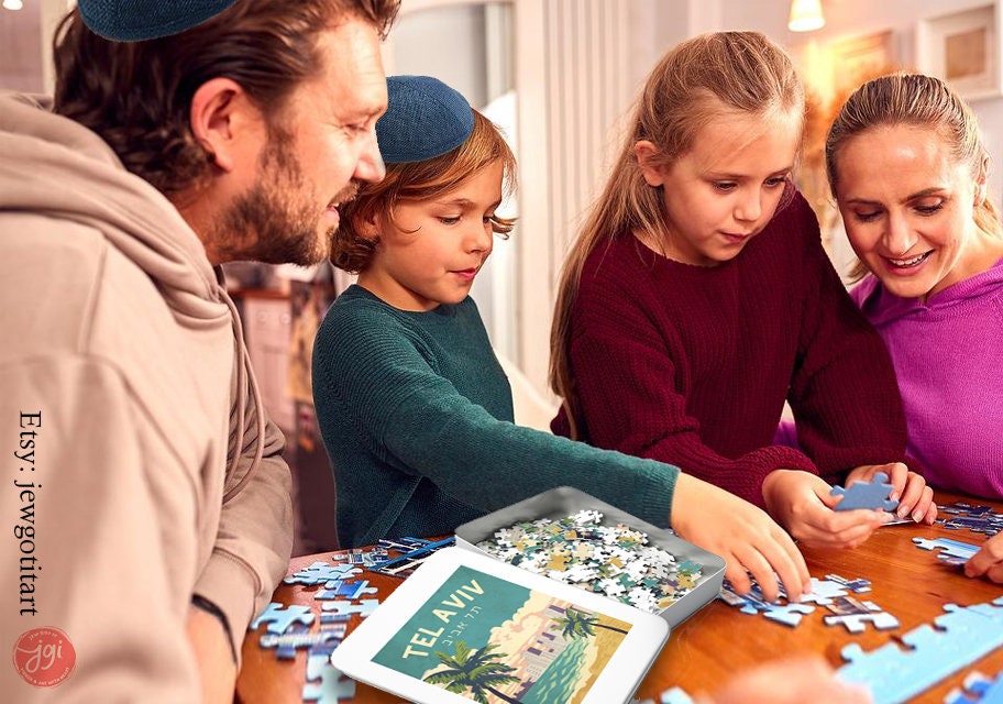 Israel Cities Puzzles Jewish Art Gift Kids Adult Gift Israeli Artist Puzzle Box 120, 252, 500, 1000 Piece Jerusalem Tel Aviv City Passover