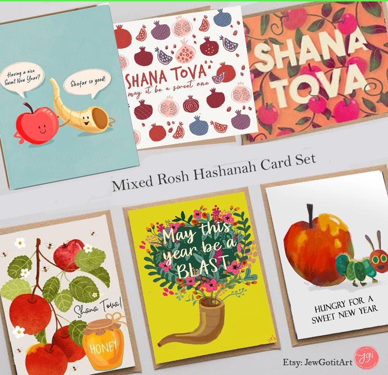 Rosh Hashanah Greeting Card Set by Israeli Artist AM Yisrael Chai Jewish New Year Shana Tova Holiday Cards Gifts Apple Honey Jewish Holiday