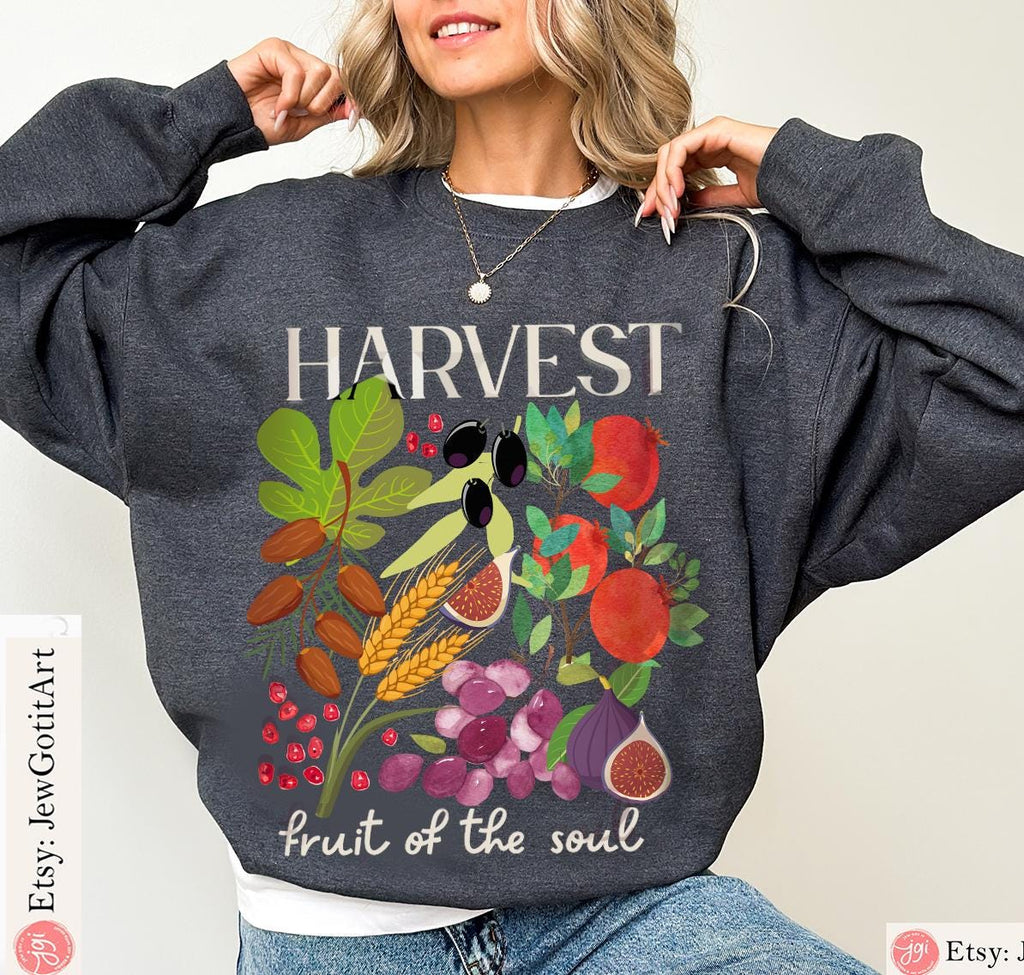 Harvest T-Shirt Design Shavuot Shirt Fall Fruit Tee Sweatshirt Autumn Shirt Thanksgiving Outfit Botanical Garden Gift Farm 7 Species Israel
