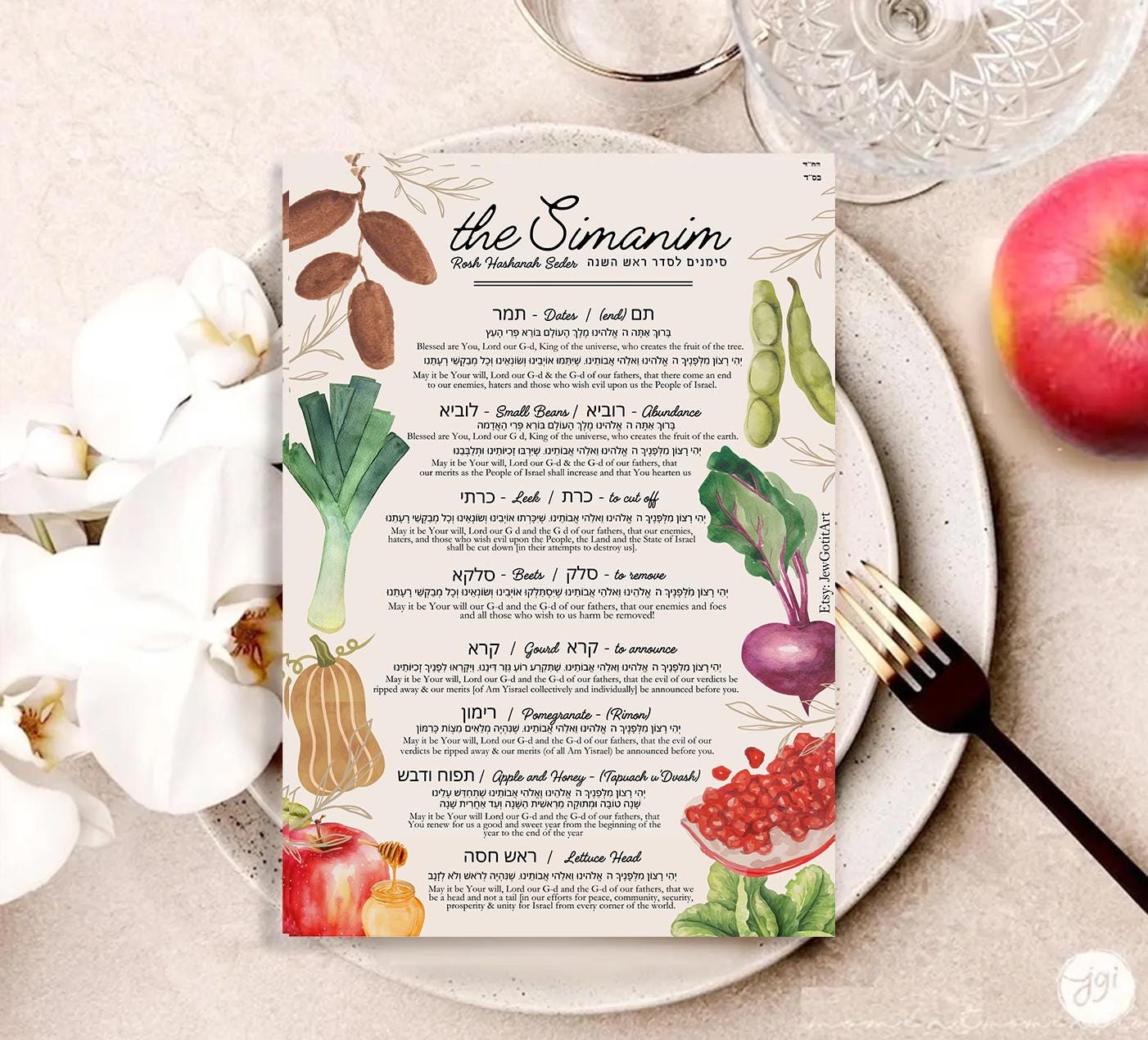 Vegan Rosh Hashanah Simanim Printable – Jewish New Year Blessings Sheet – Digital Download Table Decor – Shana Tova Holiday PDF Plant-based