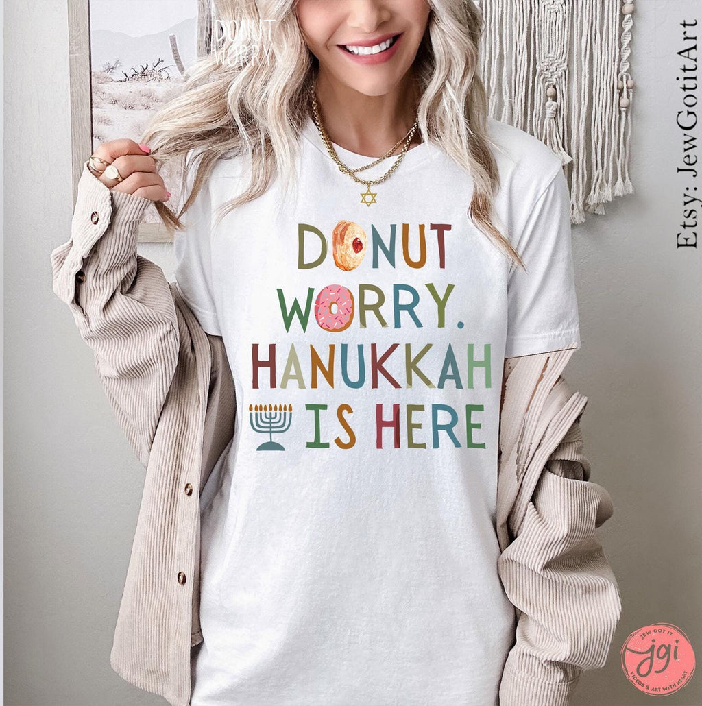 Hanukkah Donut Tshirt unisex Jelly Donut Don't Worry Shirt woman, man jewish gift Israel Design Jewish Shirt Chanukah Israeli Artist Holiday