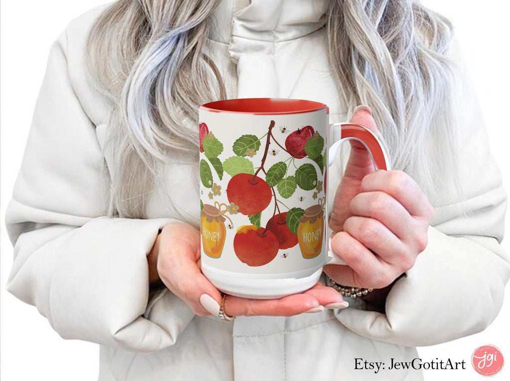 Apple & Honey Red Mug - 11oz or 15oz Ceramic Personalized  Gift for Rosh Hashanah | Israeli Artist | Am Yisrael Chai Jewish Art from Israel