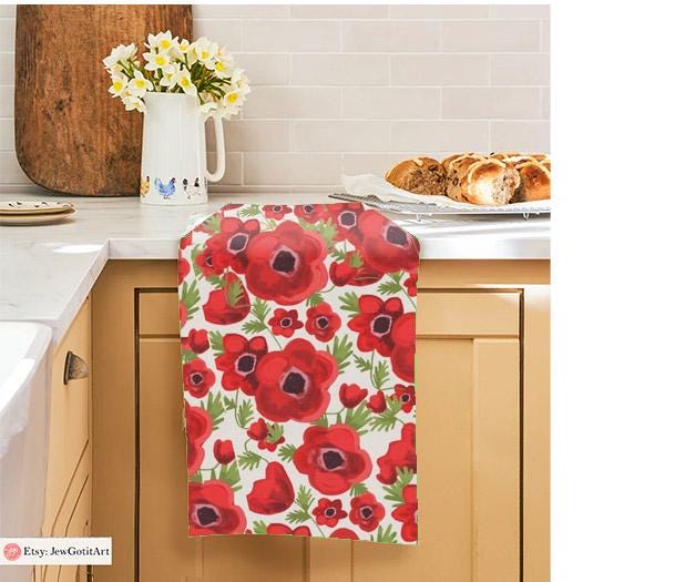 Kalanit Flower Towel Kitchen Israeli Flowers Jewish Holiday cotton towel Israeli Artist Kitchen decor Israeli Artist gift Rosh Hashanah
