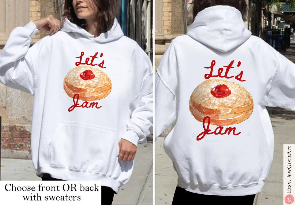 Hanukkah Sweater Donut Hoodie | Let’s Jam Jelly Donut Shirt | Jewish Gift for Men & Women | Chanukah Israeli Artist Design Hanukkah Shirt