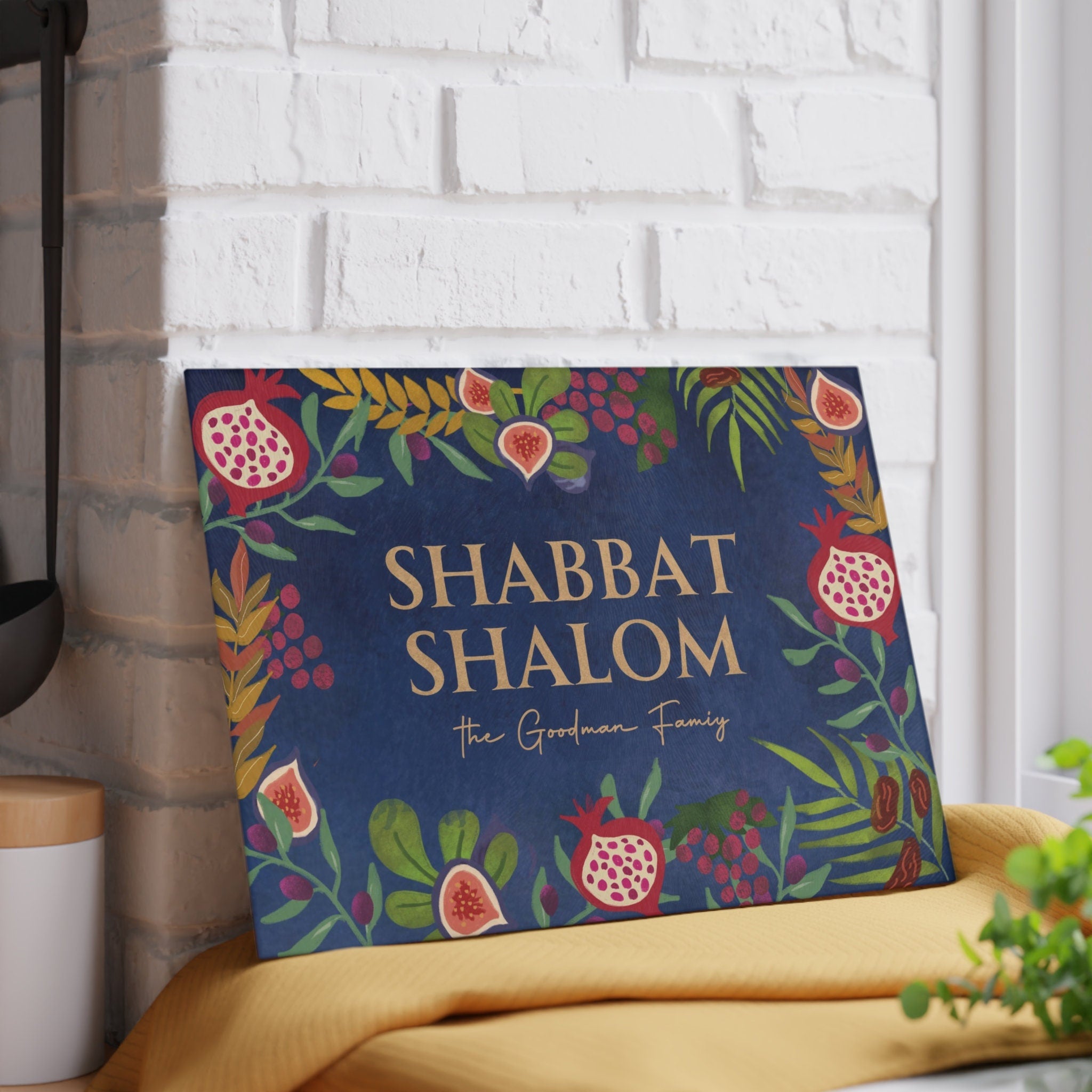 Challah Cutting Board Personalized Shabbat Shalom Glass 7 Species of Israel Hand drawn art jewish gift Israeli artist Israeli shabbos gifts