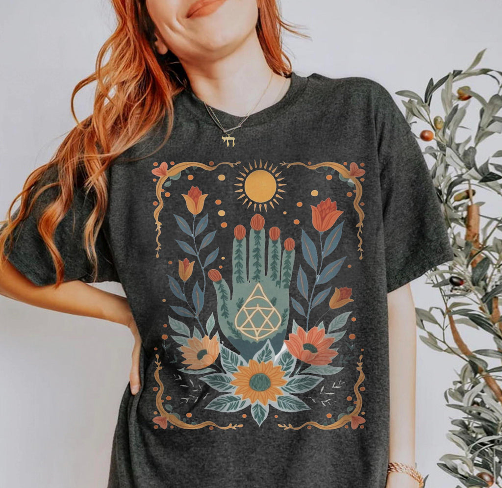 Hamsa Sun Graphic Tee | Jewish Israeli Artist Shirt | Am Yisrael Chai Israel Art T-Shirt Purim Shirt Passover Boho Jewish Apparel Sweatshirt