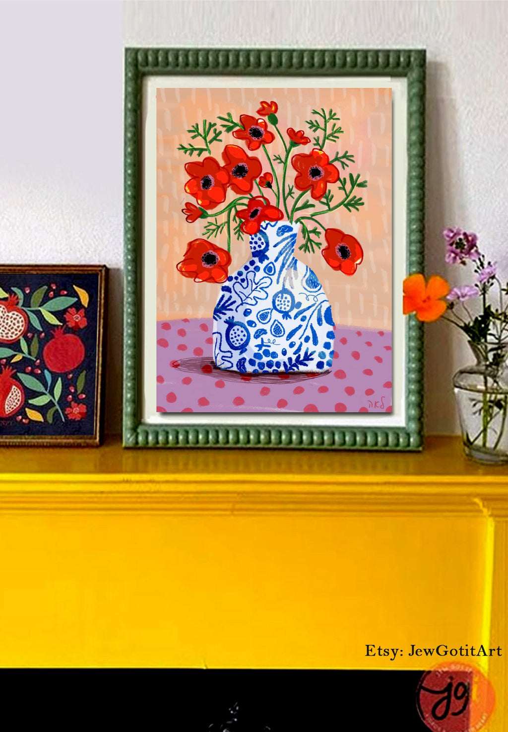 Kalanit Flower Art Print Hand Drawn Israeli Wildflower Wall Decor Jewish Home Gift Poster Am Yisrael Chai Israeli Artist Illustration