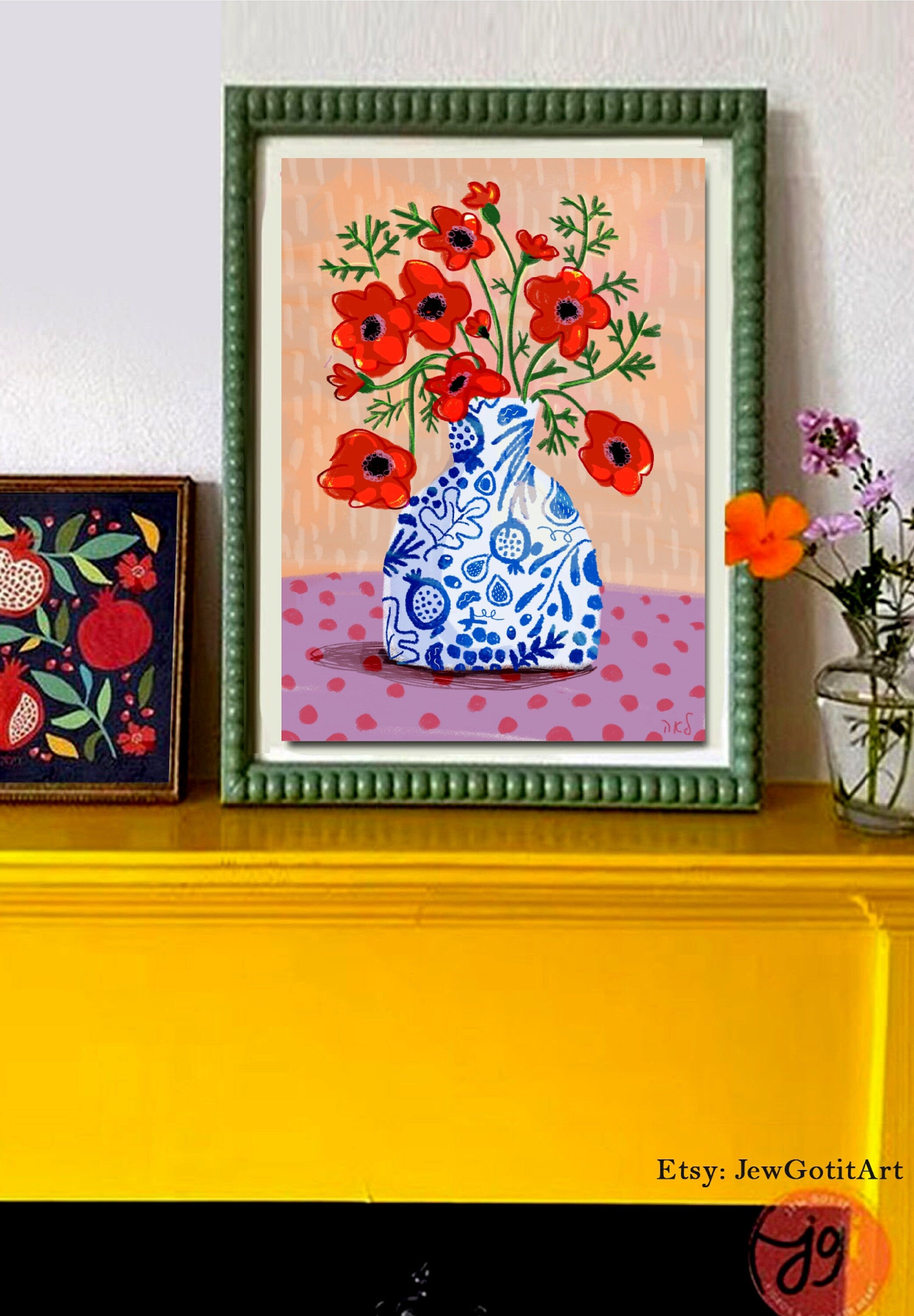 Kalanit Flower Art Print Hand Drawn Israeli Wildflower Wall Decor Jewish Home Gift Poster Am Yisrael Chai Israeli Artist Illustration