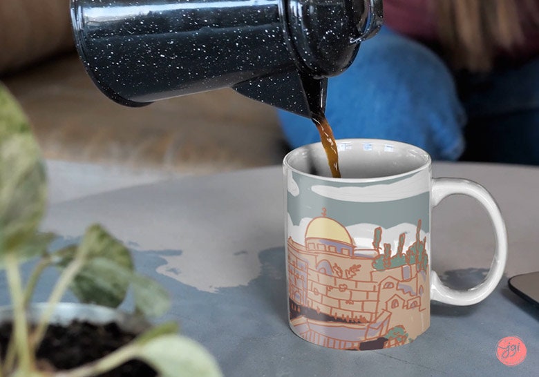 Jerusalem Mug Israel art drawing, tea cup, coffee cup, Ceramic Mug 11oz 15oz work mug, morning mug Jewish gift, coffee mug, Jerusalem, gift