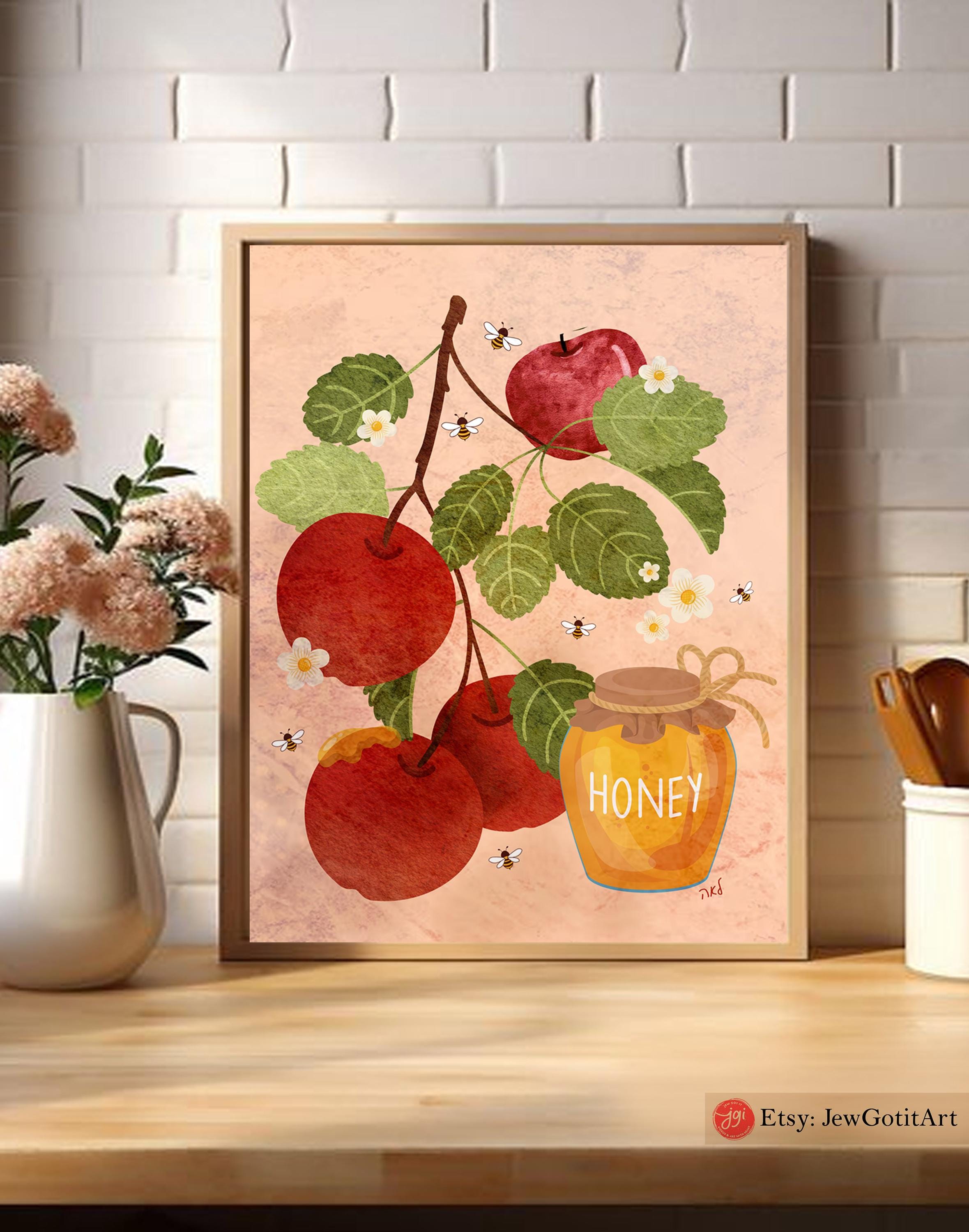 Apples Honey & Bees Art Rosh Hashanah Shana tova Wall Poster Print Israel Jewish gift Israel poster Prints Orange Tel Aviv Am Yisrael gifts
