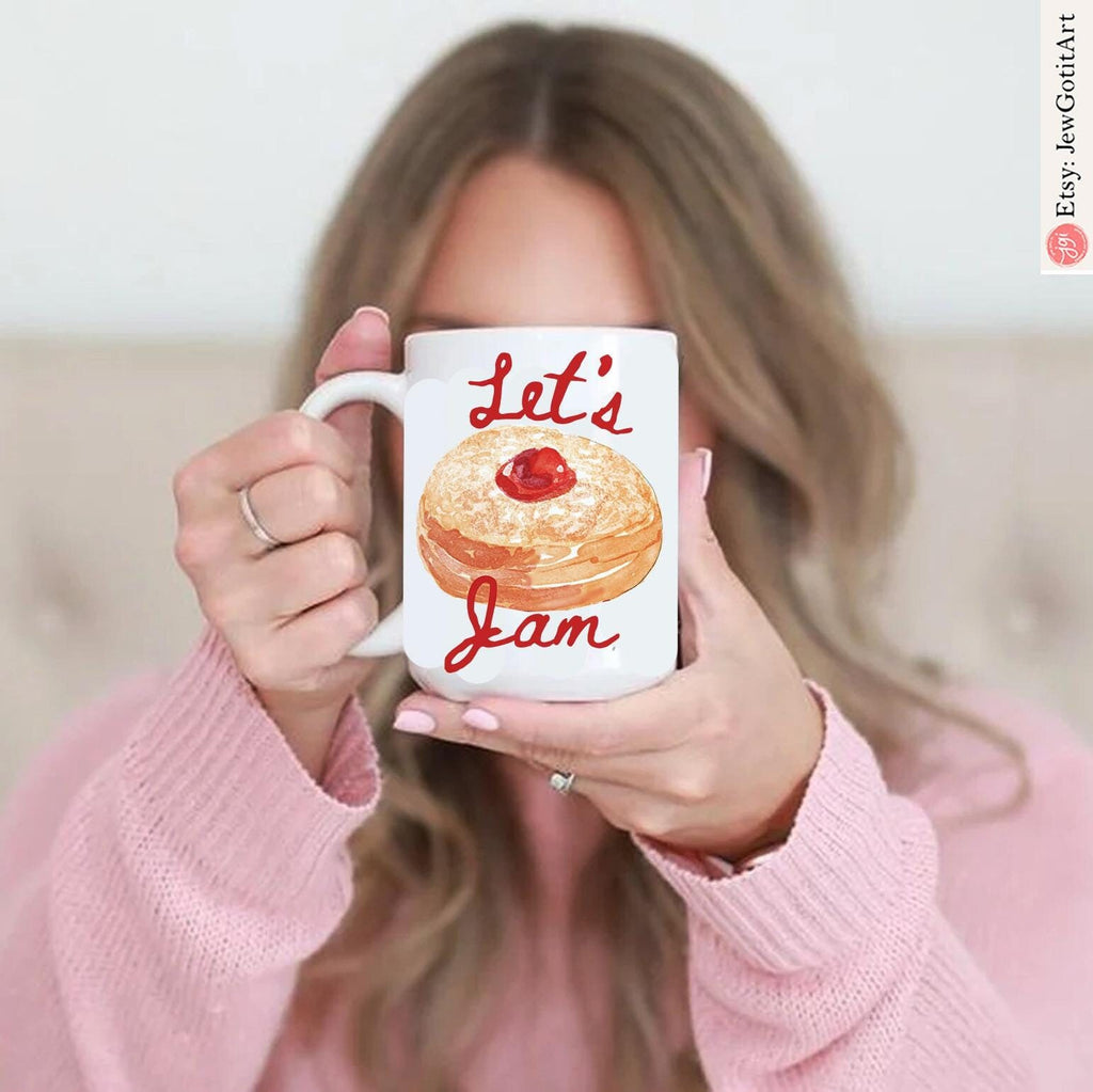 Hanukkah Donut Mug 11oz 15oz Tote bag Canvas Jelly Donut jewish art coffee Ceramic Israel jewish Hanukkah Gifts Israeli Artist Israel Art