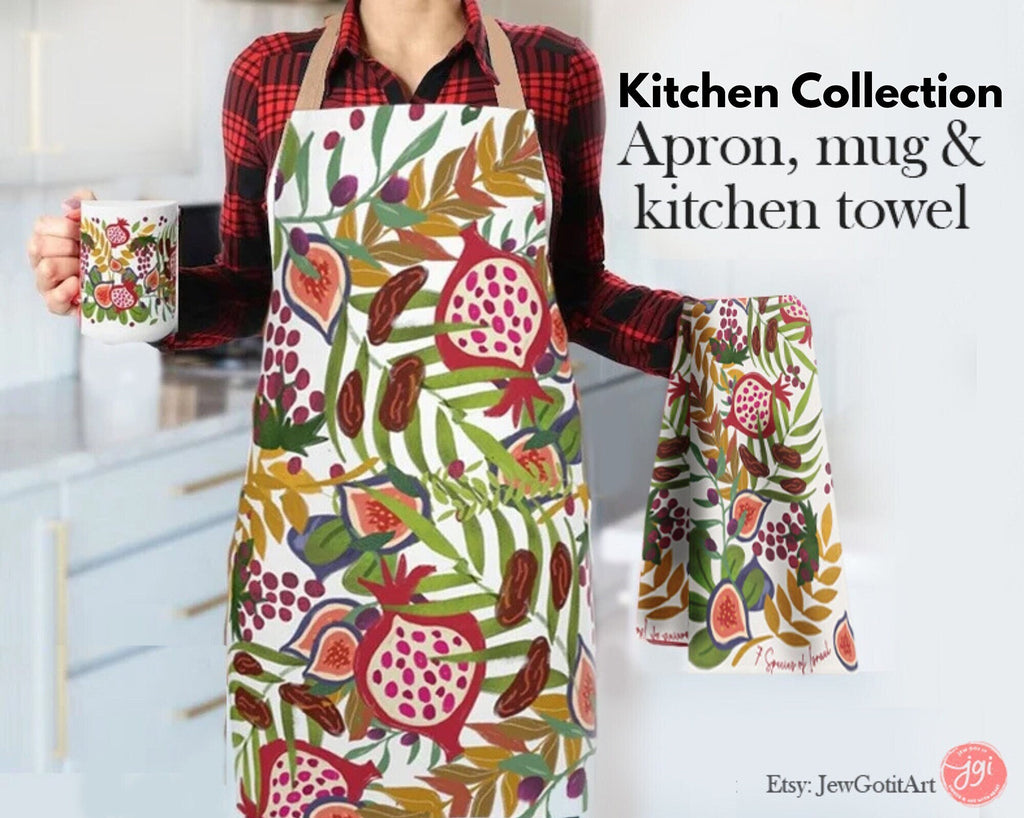 3 Kitchen Set Apron, Mug, kitchen towel 7 Species of Israel Art jewish gifts israeli Artist gifts fruit decor apron for women pattern gift