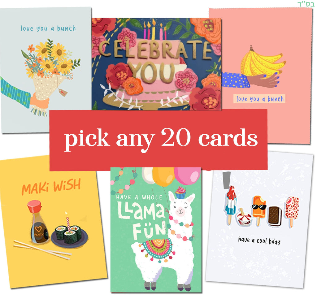 Pick a Set of 20 Cards | Colorful & fun Blank Greeting Cards | Thank You Cards | Birthday Cards | Funny Cards | Love You Cards